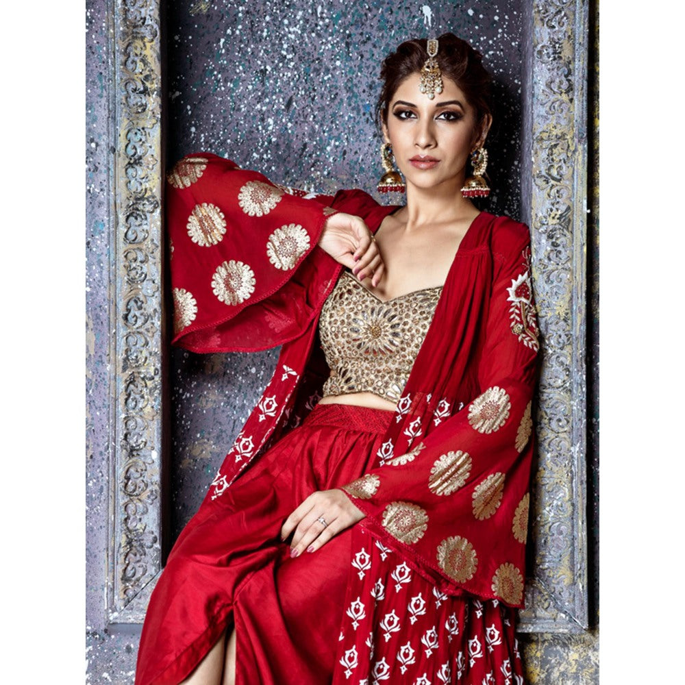 Aaryaa By Kashveen Kohli Red Embroidered Blouse with Lehenga and Jacket (Set of 3)