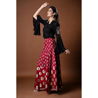 Aaryaa By Kashveen Kohli Black Embroidered Bell Sleeves Top with Palazzo (Set of 2)