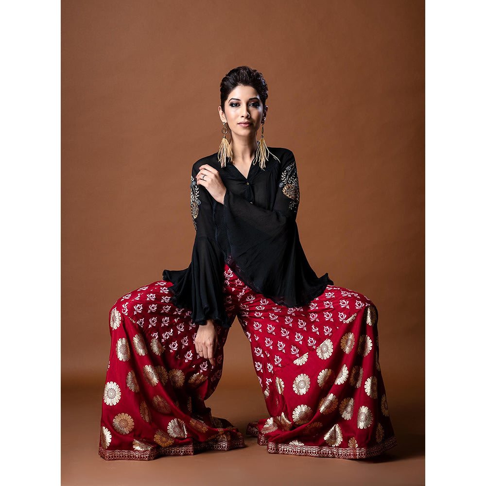 Aaryaa By Kashveen Kohli Black Embroidered Bell Sleeves Top with Palazzo (Set of 2)
