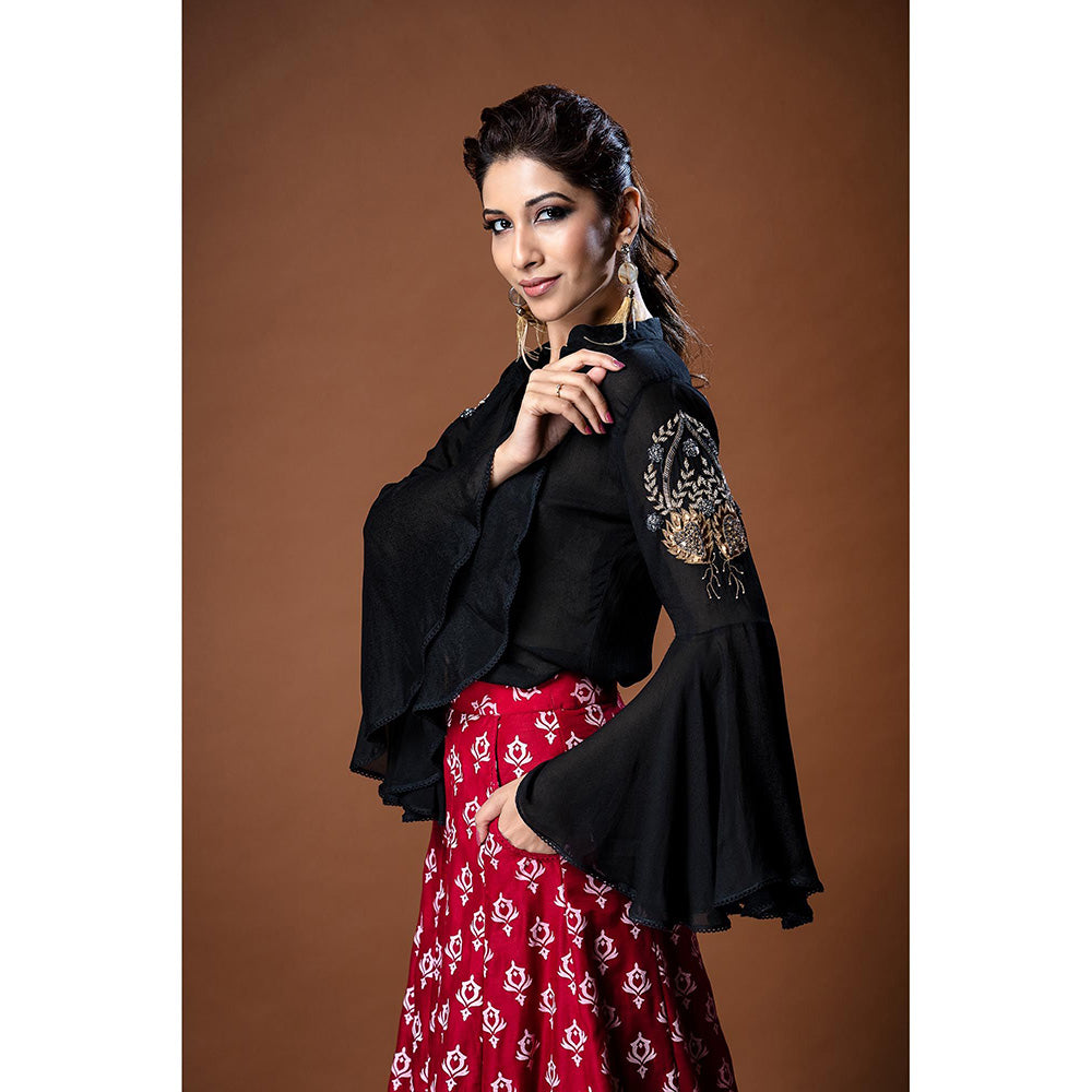 Aaryaa By Kashveen Kohli Black Embroidered Bell Sleeves Top with Palazzo (Set of 2)