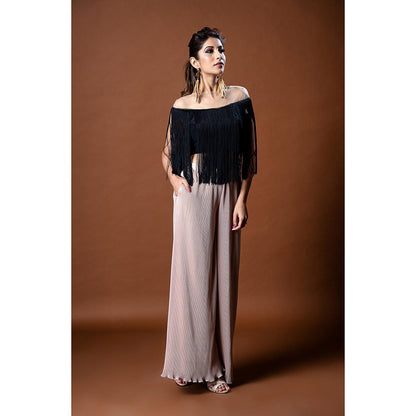 Aaryaa By Kashveen Kohli Black Fringe Crop Top with Pleated Palazzo (Set of 2)