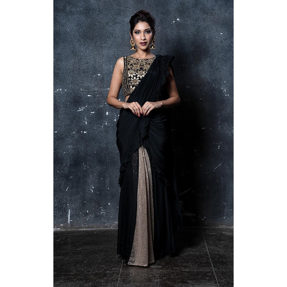 Aaryaa By Kashveen Kohli Black Pre Draped Ruffles Saree with Stitched Blouse