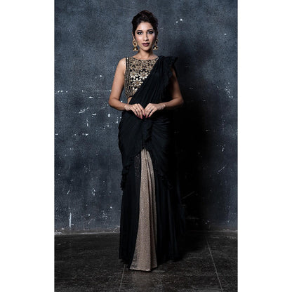 Aaryaa By Kashveen Kohli Black Pre Draped Ruffles Saree with Stitched Blouse