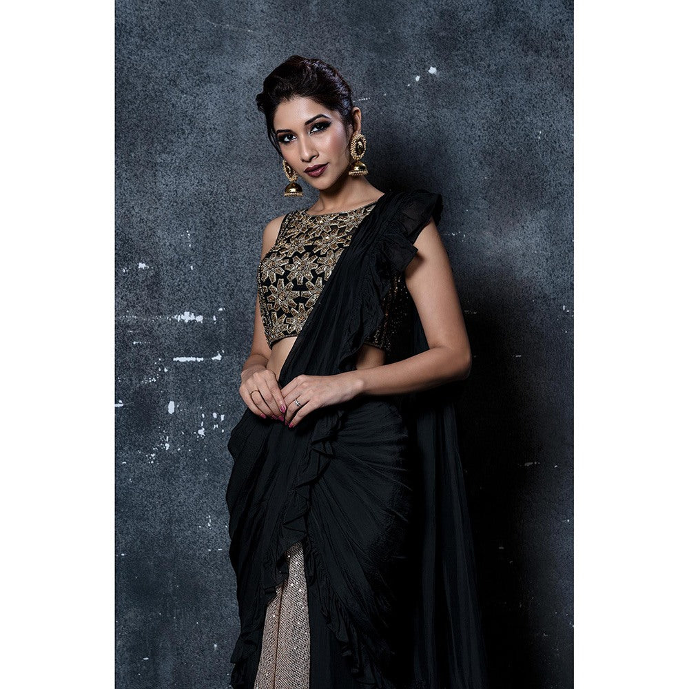 Aaryaa By Kashveen Kohli Black Pre Draped Ruffles Saree with Stitched Blouse