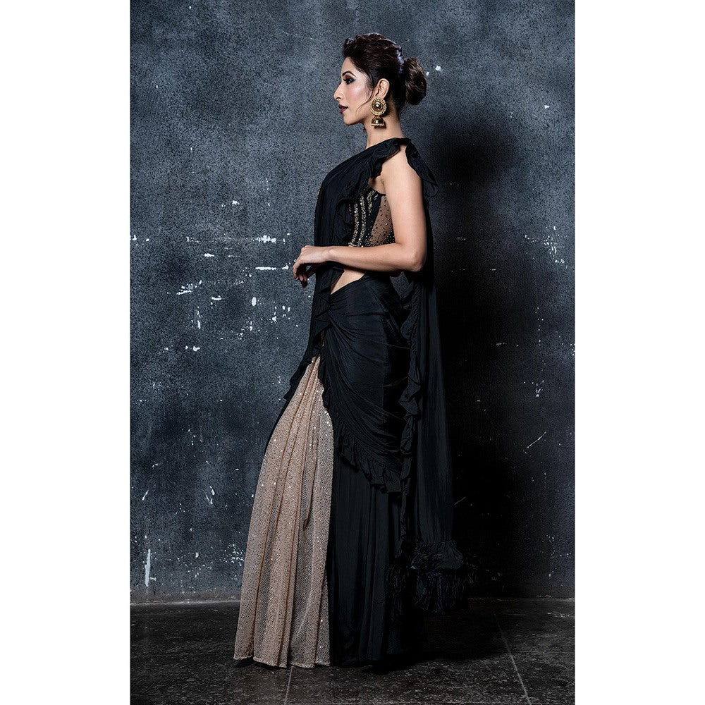 Aaryaa By Kashveen Kohli Black Pre Draped Ruffles Saree with Stitched Blouse