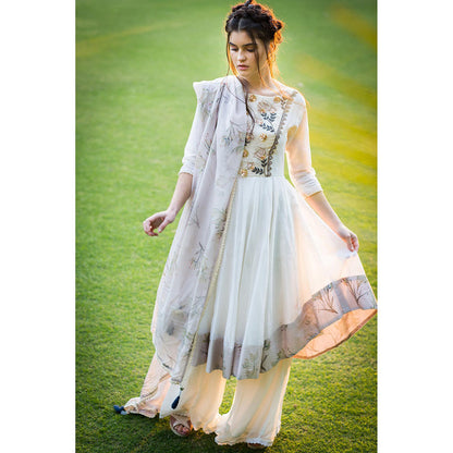 Aaryaa By Kashveen Kohli Off White Chanderi Anarkali with Palazzo and Dupatta (Set of 3)