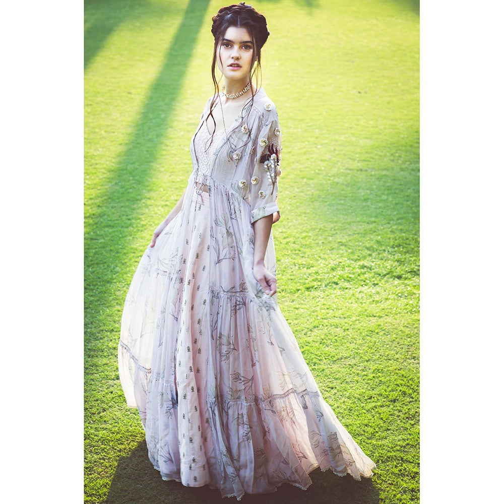 Aaryaa By Kashveen Kohli Lavender Print Embroidered Jacket with Lehenga and Blouse (Set of 3)