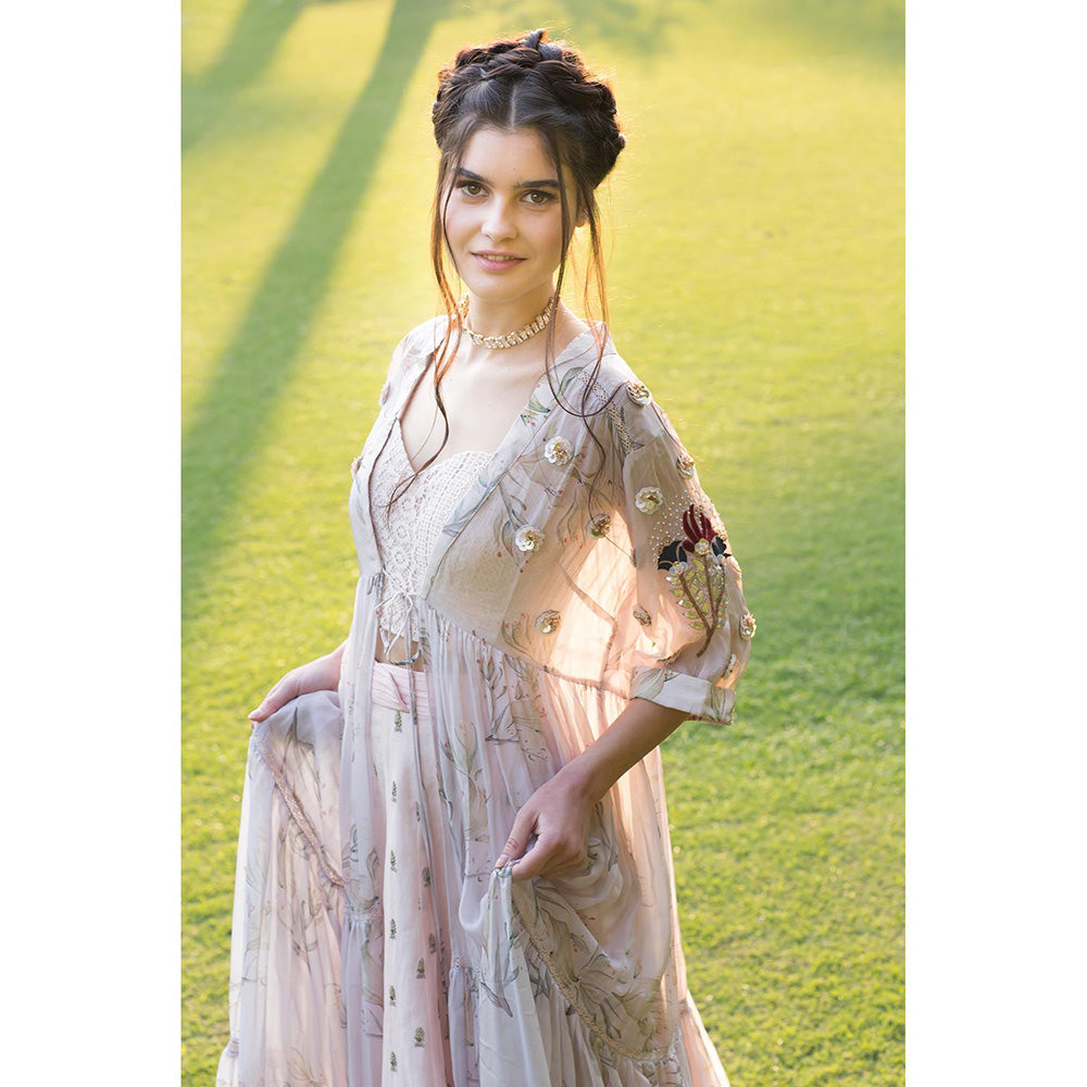 Aaryaa By Kashveen Kohli Lavender Print Embroidered Jacket with Lehenga and Blouse (Set of 3)