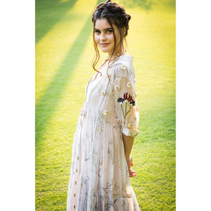 Aaryaa By Kashveen Kohli Lavender Print Embroidered Jacket with Lehenga and Blouse (Set of 3)