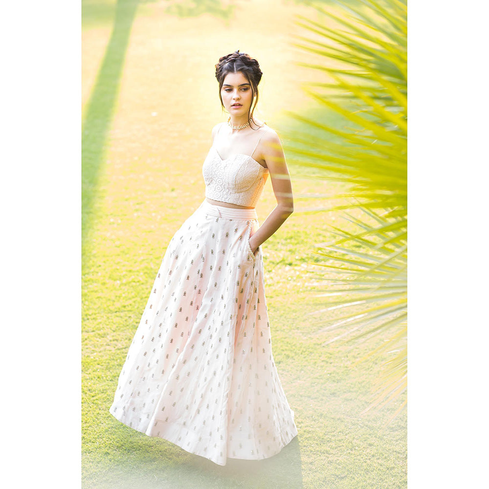 Aaryaa By Kashveen Kohli Nude Pink Crochet Crop Top and Embroidered Pocket Skirt (Set of 2)