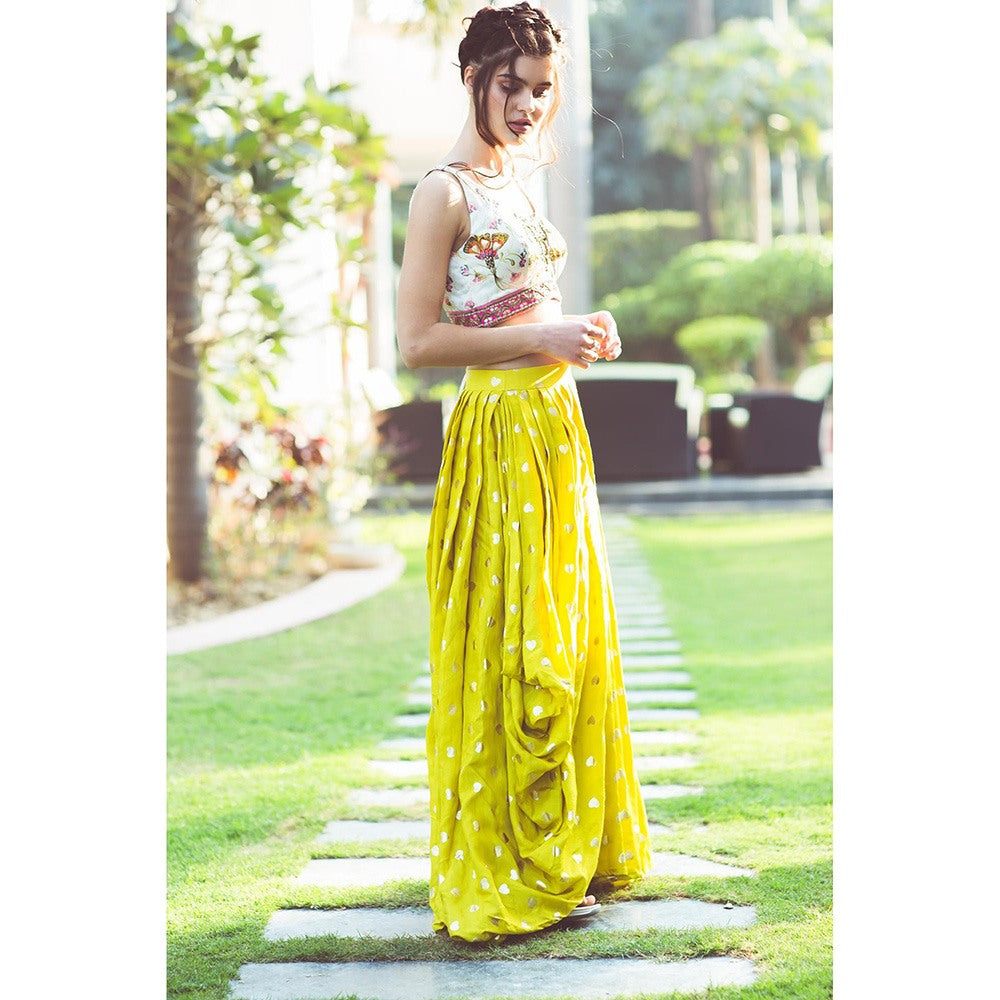 Aaryaa By Kashveen Kohli Lime Green Draped Skirt with Print Embroidered Crop Top (Set of 2)