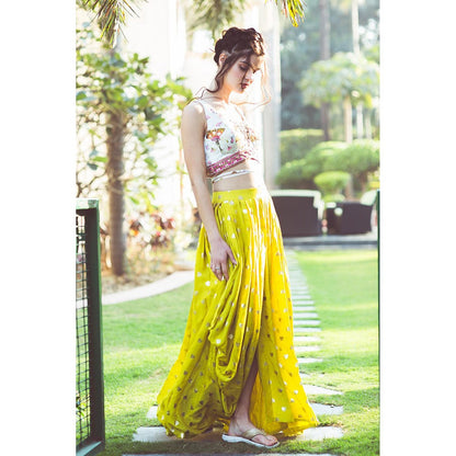 Aaryaa By Kashveen Kohli Lime Green Draped Skirt with Print Embroidered Crop Top (Set of 2)