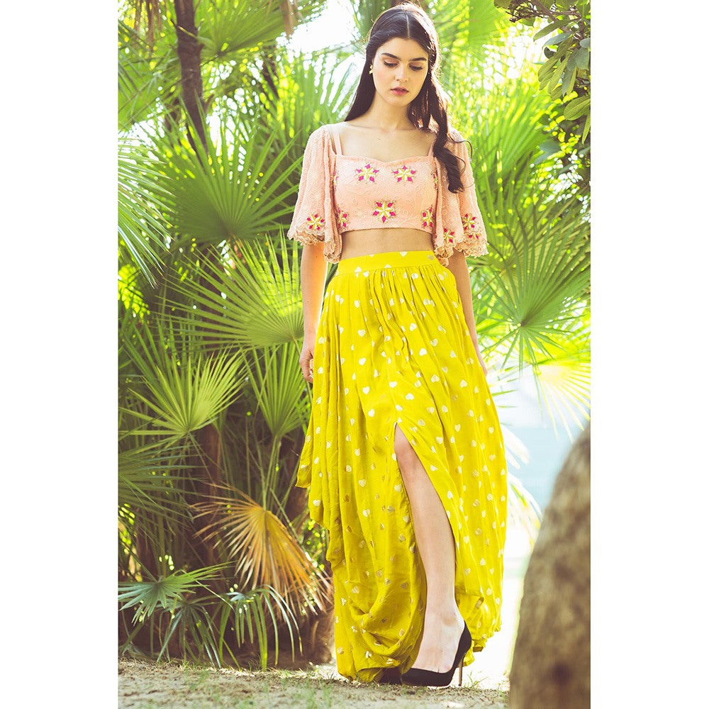 Aaryaa By Kashveen Kohli Lime Green Draped Skirt with Crop Top (Set of 2)