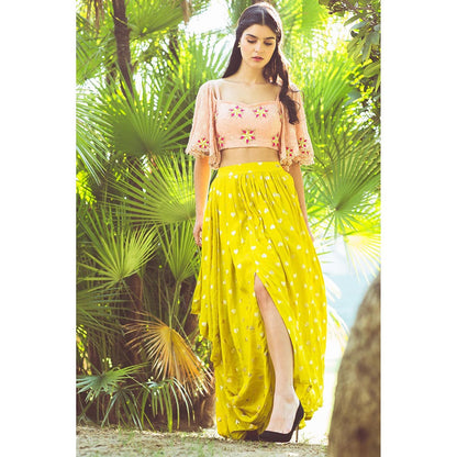 Aaryaa By Kashveen Kohli Lime Green Draped Skirt with Crop Top (Set of 2)