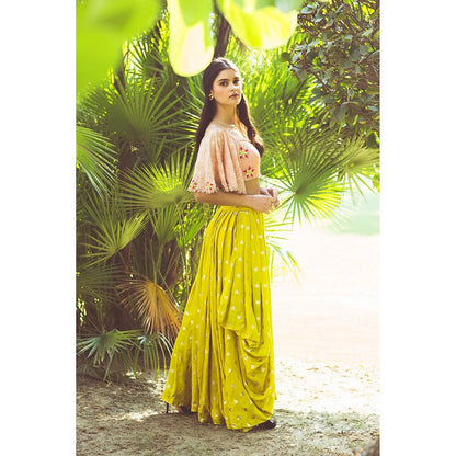 Aaryaa By Kashveen Kohli Lime Green Draped Skirt with Crop Top (Set of 2)