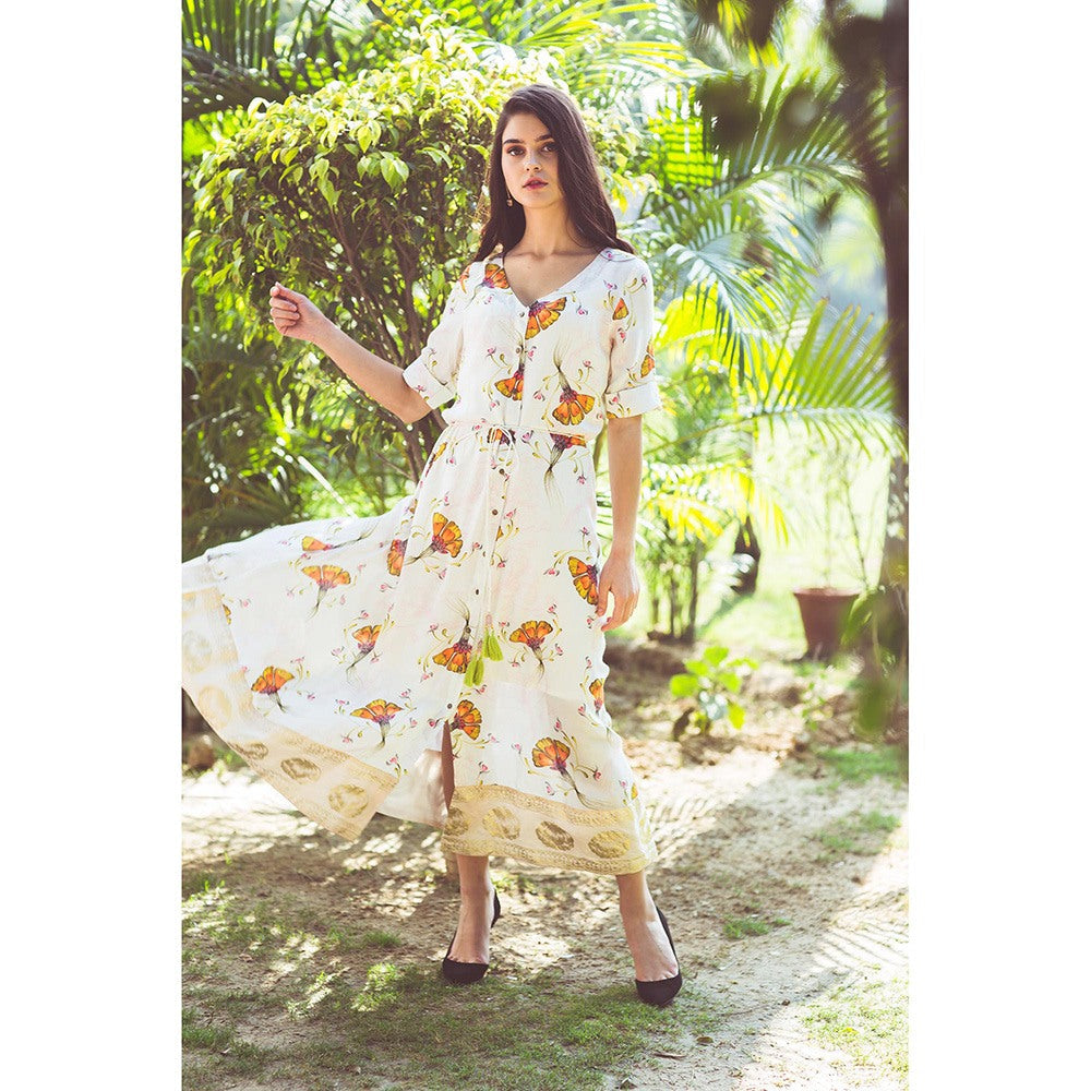 Aaryaa By Kashveen Kohli Off White Tulip Print Button Down Dress with Belt (Set of 2)