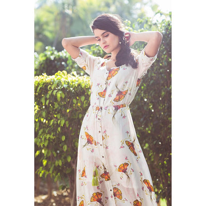 Aaryaa By Kashveen Kohli Off White Tulip Print Button Down Dress with Belt (Set of 2)