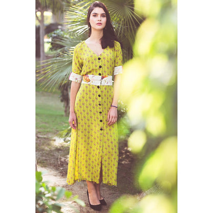 Aaryaa By Kashveen Kohli Lime Green Print Button Down Dress with Belt (Set of 2)