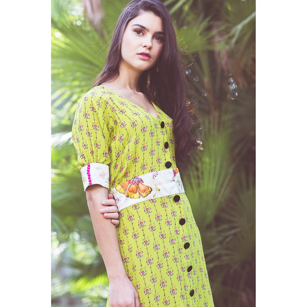 Aaryaa By Kashveen Kohli Lime Green Print Button Down Dress with Belt (Set of 2)