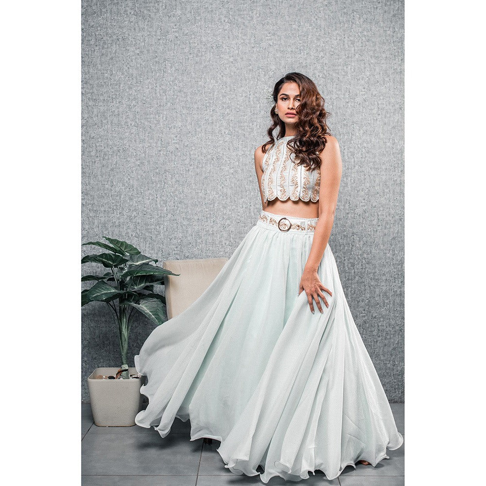 Aaryaa By Kashveen Kohli Blue Embroidered Crop Top with Skirt and Belt (Set of 3)