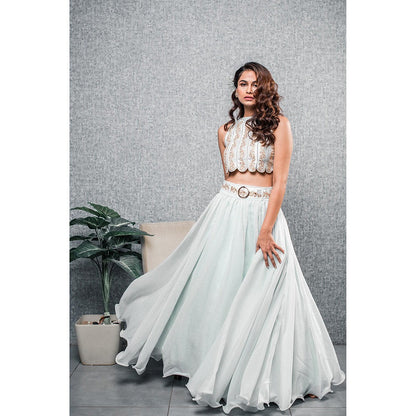 Aaryaa By Kashveen Kohli Blue Embroidered Crop Top with Skirt and Belt (Set of 3)