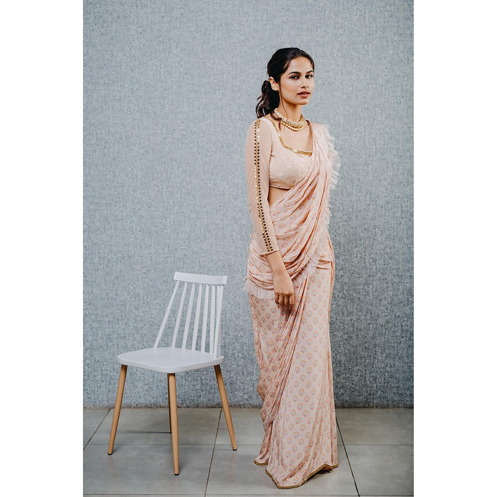 Aaryaa By Kashveen Kohli Peach Print Pre Draped Saree with Stitched Blouse