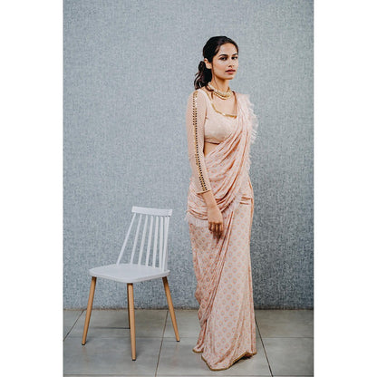 Aaryaa By Kashveen Kohli Peach Print Pre Draped Saree with Stitched Blouse