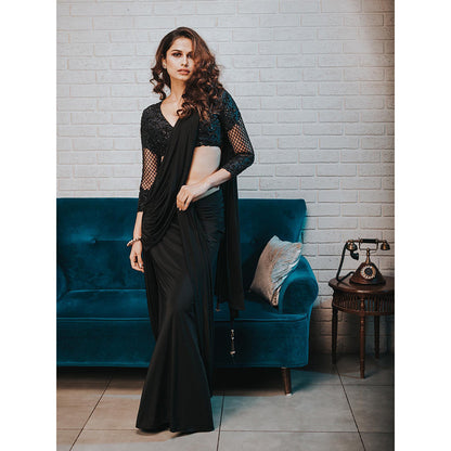 Aaryaa By Kashveen Kohli Black Pre Draped Saree with Stitched Blouse