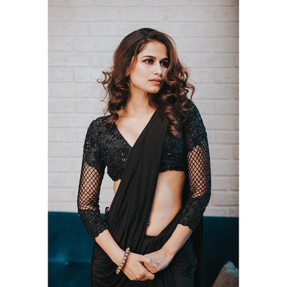 Aaryaa By Kashveen Kohli Black Pre Draped Saree with Stitched Blouse