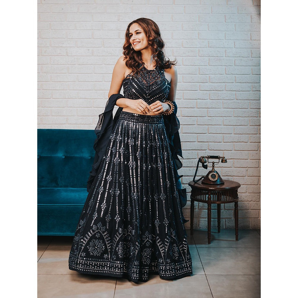 Aaryaa By Kashveen Kohli Navy Blue Hand Embroidered Lehenga with Blouse and Dupatta (Set of 3)
