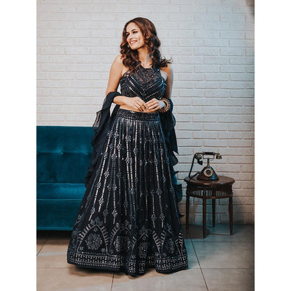 Aaryaa By Kashveen Kohli Navy Blue Hand Embroidered Lehenga with Blouse and Dupatta (Set of 3)