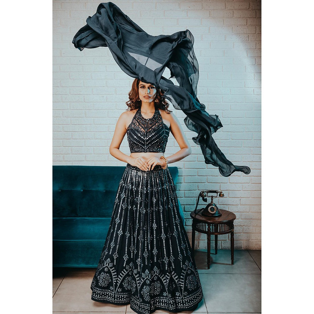 Aaryaa By Kashveen Kohli Navy Blue Hand Embroidered Lehenga with Blouse and Dupatta (Set of 3)