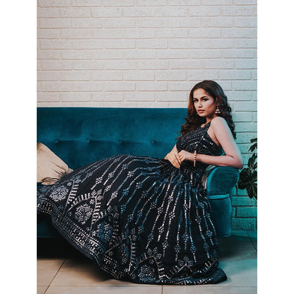 Aaryaa By Kashveen Kohli Navy Blue Hand Embroidered Lehenga with Blouse and Dupatta (Set of 3)