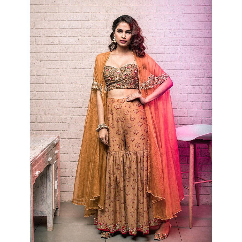Aaryaa By Kashveen Kohli Mustard Sharara with Embellished Cape and Blouse (Set of 3)