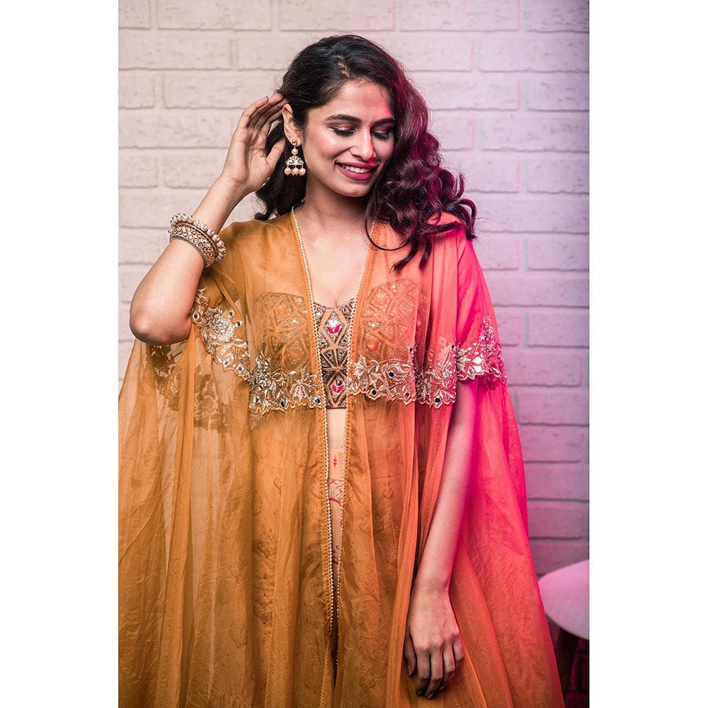 Aaryaa By Kashveen Kohli Mustard Sharara with Embellished Cape and Blouse (Set of 3)
