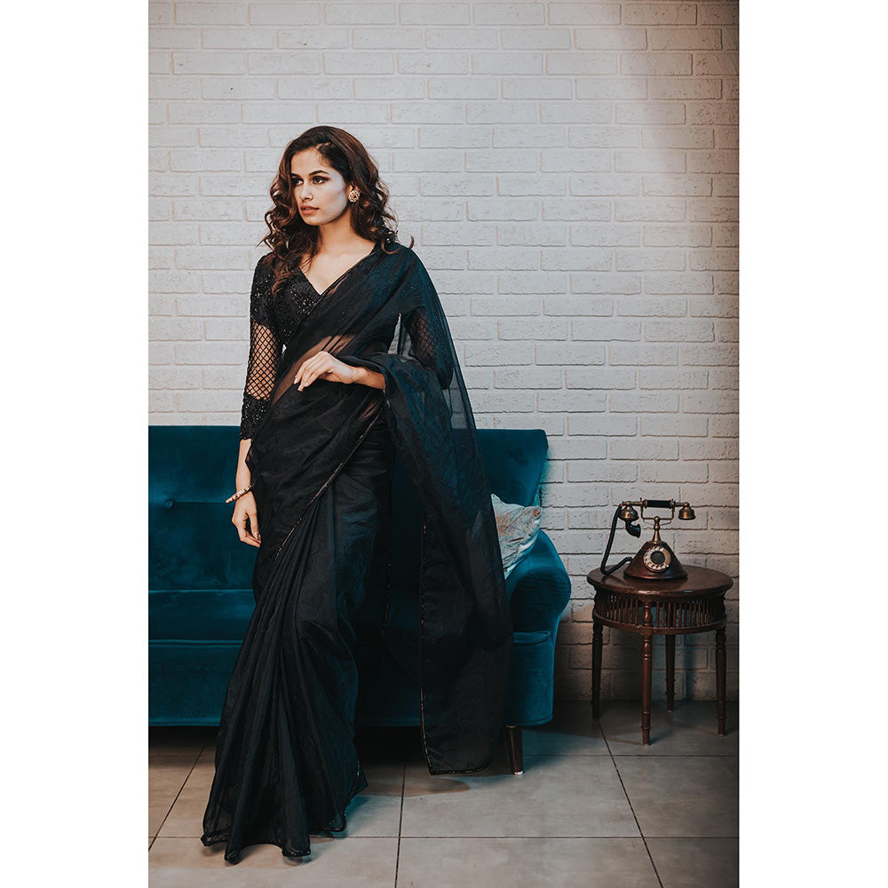 Aaryaa By Kashveen Kohli Midnight Black Organza Saree with Stitched Blouse