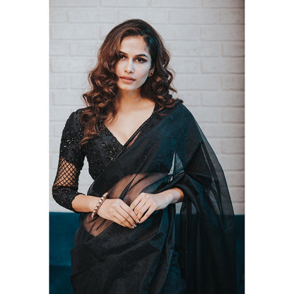 Aaryaa By Kashveen Kohli Midnight Black Organza Saree with Stitched Blouse
