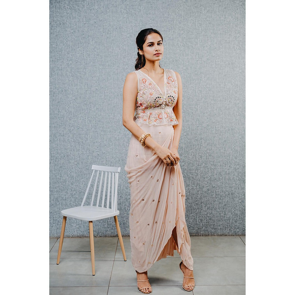 Aaryaa By Kashveen Kohli Peach Draped Skirt with Embroidered Peplum Top (Set of 2)