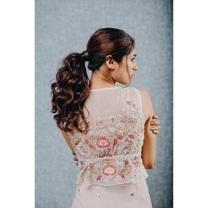 Aaryaa By Kashveen Kohli Peach Draped Skirt with Embroidered Peplum Top (Set of 2)