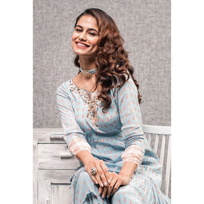 Aaryaa By Kashveen Kohli Blue Printed Sharara with Kurta and Dupatta (Set of 3)