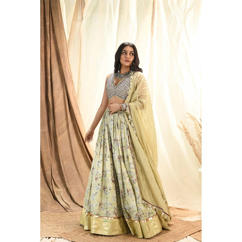 Aaryaa By Kashveen Kohli Green Sage Floral Printed Lehenga with Blouse and Dupatta