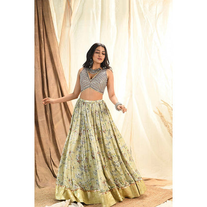 Aaryaa By Kashveen Kohli Green Sage Floral Printed Lehenga with Blouse and Dupatta