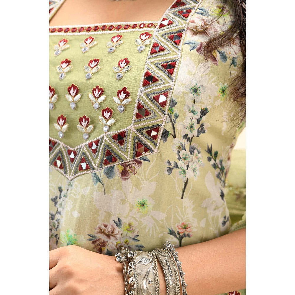 Aaryaa By Kashveen Kohli Green Sage Printed Kurta with Sharara and Dupatta