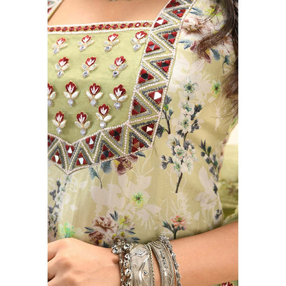 Aaryaa By Kashveen Kohli Green Sage Printed Kurta with Sharara and Dupatta