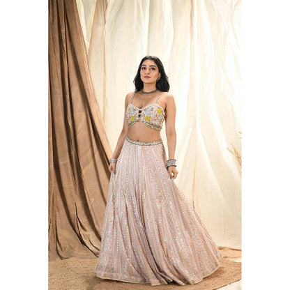Aaryaa By Kashveen Kohli Pink Pastel Mirror Embroidered Lehenga With Blouse And Dupatta
