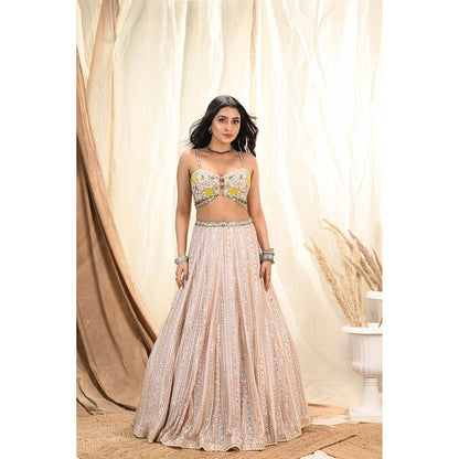 Aaryaa By Kashveen Kohli Pink Pastel Mirror Embroidered Lehenga With Blouse And Dupatta