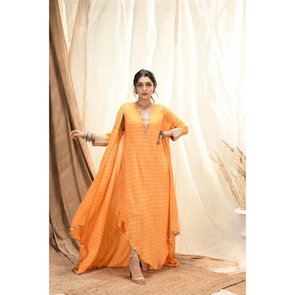 Aaryaa By Kashveen Kohli Orange Bandhani Drape Dress With Slip And Cape