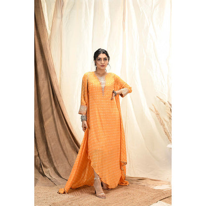 Aaryaa By Kashveen Kohli Orange Bandhani Drape Dress With Slip And Cape