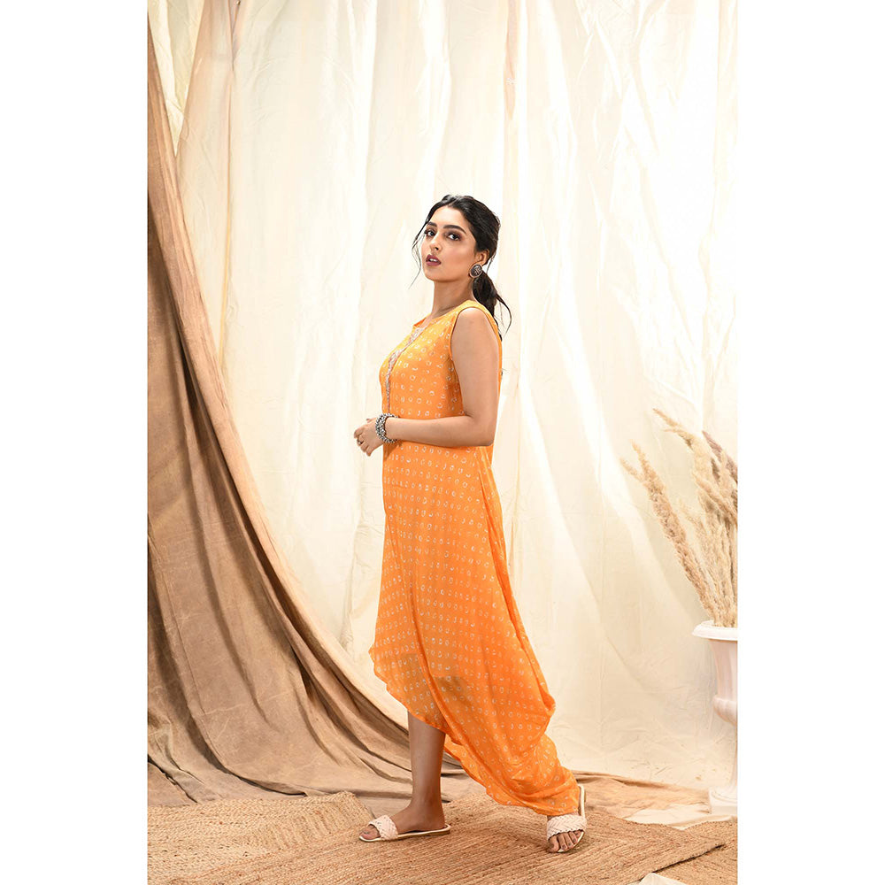 Aaryaa By Kashveen Kohli Orange Bandhani Drape Dress
