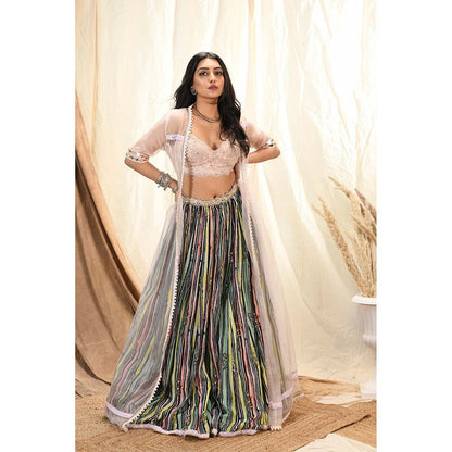 Aaryaa By Kashveen Kohli Multi-Colour Lace Bustier With Cape And Lehenga